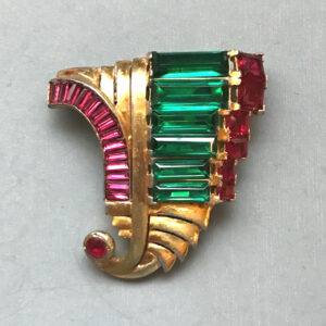 DEROSA dress clip in brilliant red and green baguettes and square rhinestones