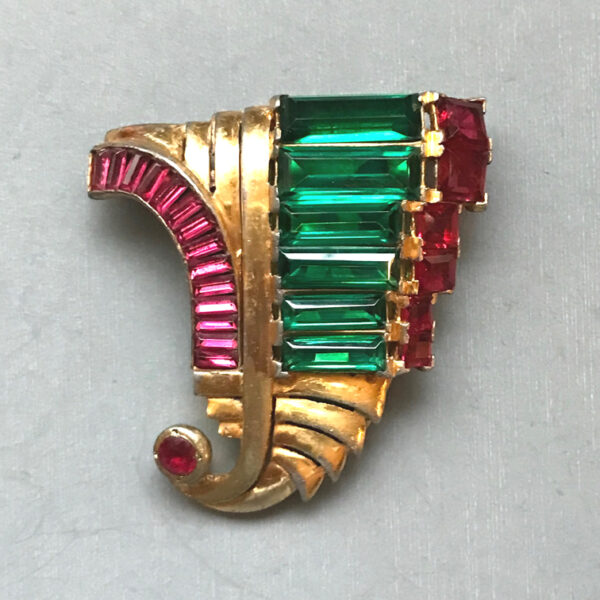 DEROSA dress clip in brilliant red and green baguettes and square rhinestones