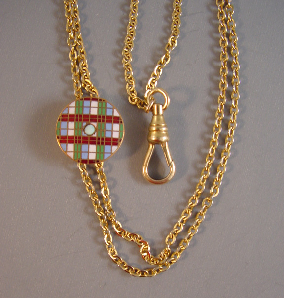 SCOTTISH STYLE plaid enamel watch slide and chain with an unusual opal cente