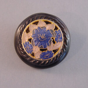 WHITBY JET Victorian style 1980s hand carved jet brooch with a cloisonne inset of pink and blue flowers