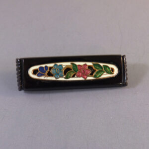VICTORIAN style Alec Mackenzie Whitby jet brooch with colorful enamel flowers and leaves inset