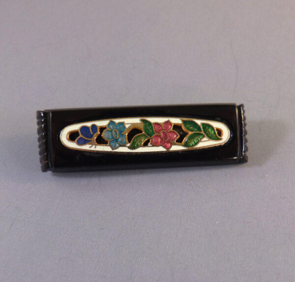 VICTORIAN style Alec Mackenzie Whitby jet brooch with colorful enamel flowers and leaves inset
