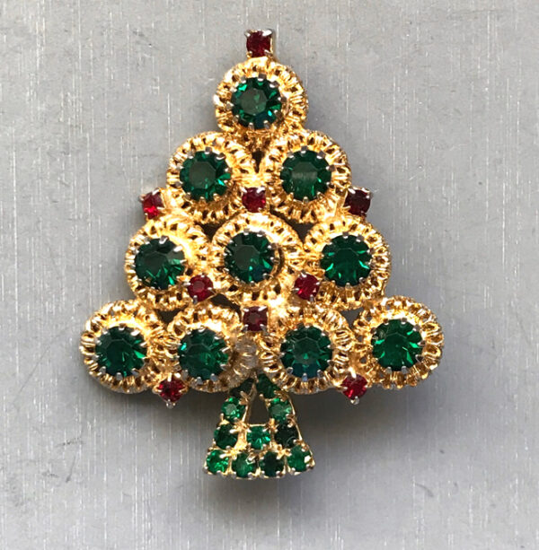 HOBE Christmas tree brooch with green and red rhinestones