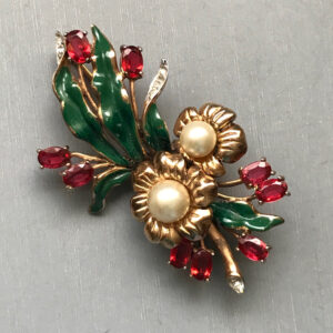 FLOWER bouquet brooch with red rhinestones, glass pearls and green enameled leaves, sterling