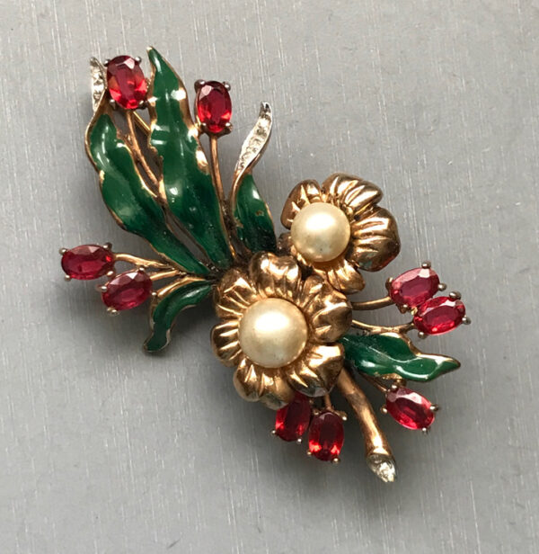 FLOWER bouquet brooch with red rhinestones, glass pearls and green enameled leaves, sterling