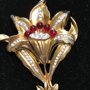 FLOWER garden lily flower brooch with red glass bead stamen and clear rhinestone accents