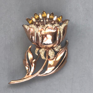 COROCRAFT gold plated sterling tulip flower brooch topaz colored marquis stamen, patent 1945