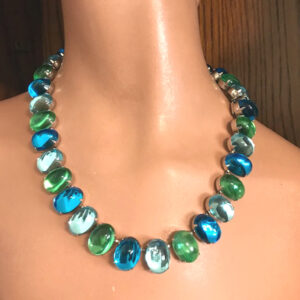 HATTIE CARNEGIE aqua and green glass cabochons necklace in a silver tone setting
