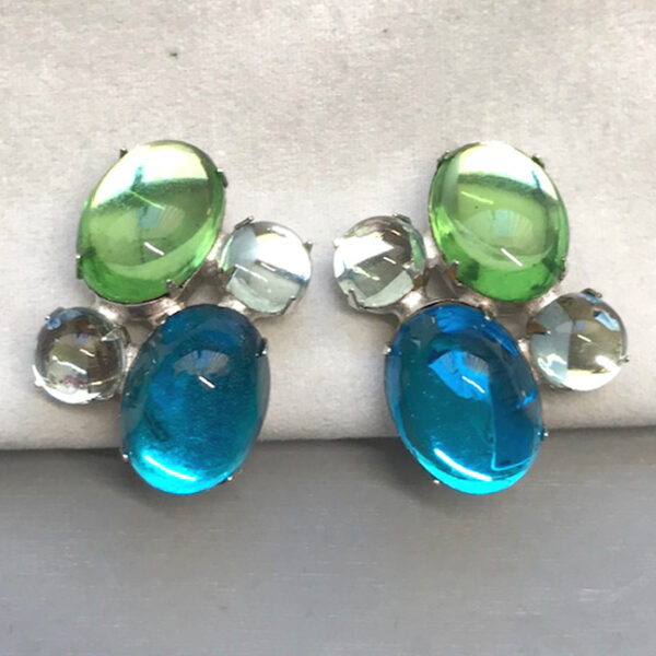 HATTIE CARNEGIE aqua, clear and green glass cabochon clip back earrings, 1950s