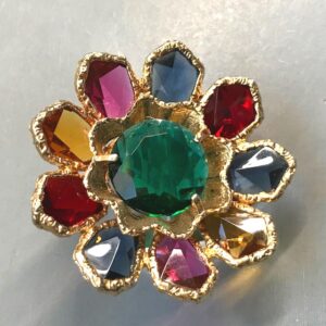 CAPRI "stones of many colors" brooch with colorful and unusually shaped rhinestones set into gold plated petal shapes