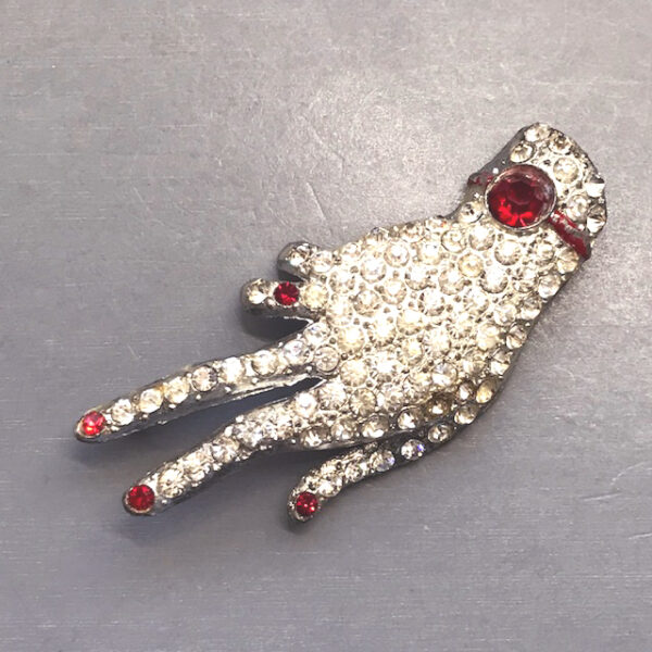 HAND brooch in clear rhinestone pave with red rhinestone bracelet and ring, curled finger can hold a flower