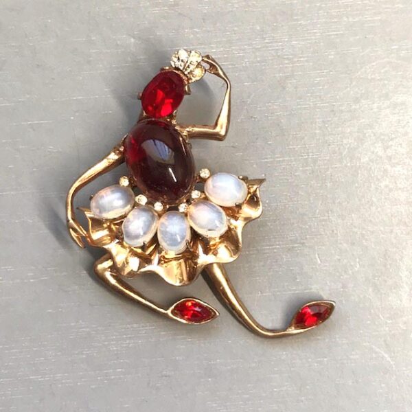 COROCRAFT ballerina dancer fur clip with red glass cabochons and rhinestones, opalescent oval cabochons, 1946