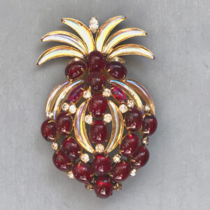 MIMI DI N pineapple brooch with garnet red cabochons, dragon's breath marquis shaped glass cabochons