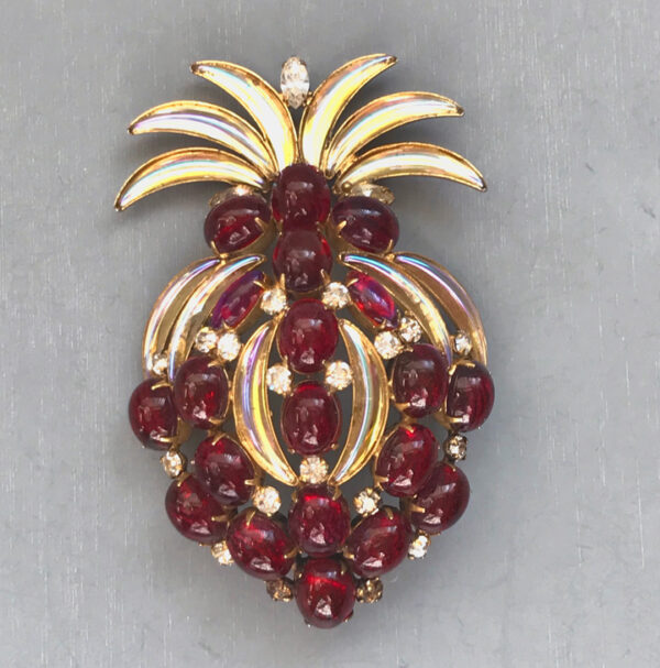 MIMI DI N pineapple brooch with garnet red cabochons, dragon's breath marquis shaped glass cabochons