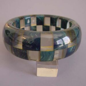 SHULTZ bakelite MAIDEN bangle denim blue marbled and clear checked bangle, 2-1/4" MAIDEN smaller size, 2003