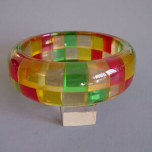 SHULTZ bakelite MAIDEN bangle in transparent apple juice, pink apple juice, red, yellow and green 2-row check, 2008
