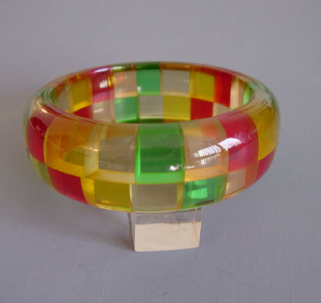SHULTZ bakelite MAIDEN bangle in transparent apple juice, pink apple juice, red, yellow and green 2-row check, 2008