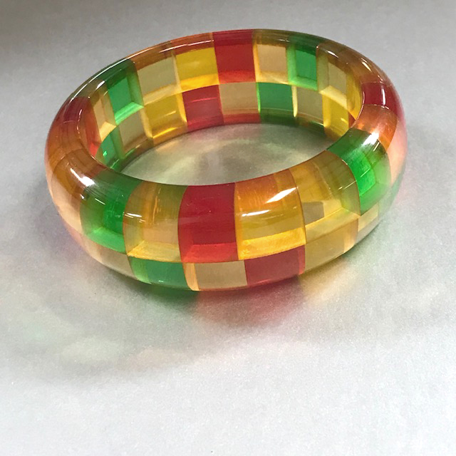 SHULTZ bakelite MAIDEN bangle in transparent apple juice, pink apple juice, red, yellow and green 2-row check, 2008 - Image 2