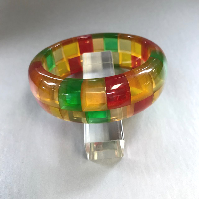 SHULTZ bakelite MAIDEN bangle in transparent apple juice, pink apple juice, red, yellow and green 2-row check, 2008 - Image 3
