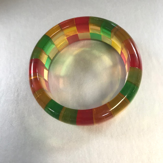 SHULTZ bakelite MAIDEN bangle in transparent apple juice, pink apple juice, red, yellow and green 2-row check, 2008 - Image 4
