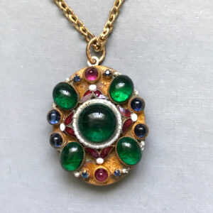 HOBE locket pendant necklace with colorful green, rose and blue glass cabochons and enamel work, and a tiny glass seed pearl halo
