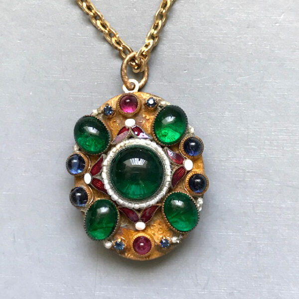 HOBE locket pendant necklace with colorful green, rose and blue glass cabochons and enamel work, and a tiny glass seed pearl halo