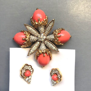 JOMAZ brooch and earrings with peach colored oval glass cabochons and brilliant clear rhinestones