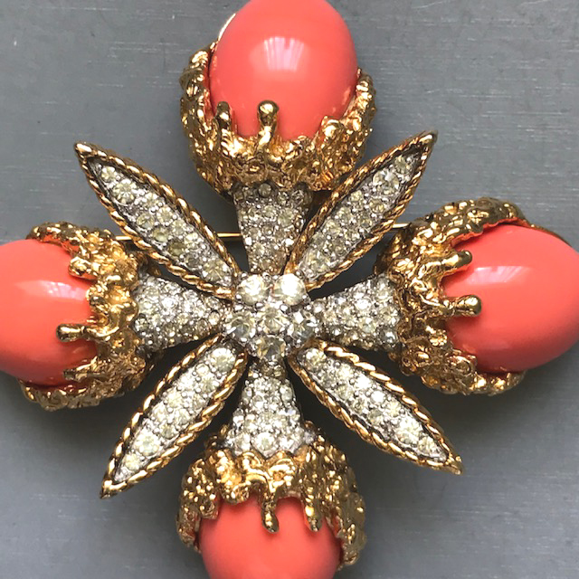 JOMAZ brooch and earrings with peach colored oval glass cabochons and brilliant clear rhinestones - Image 2