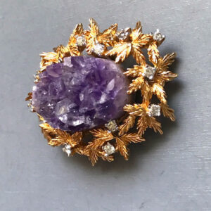 PANETTA genuine amethyst crystal and clear rhinestone Brutalist style brooch
